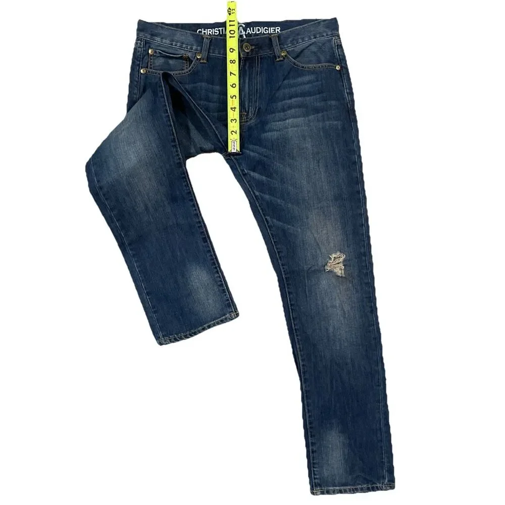 Christian Audigier Denim Men's 32x32‎ (34x32) Blue Distressed Straight Leg Jeans